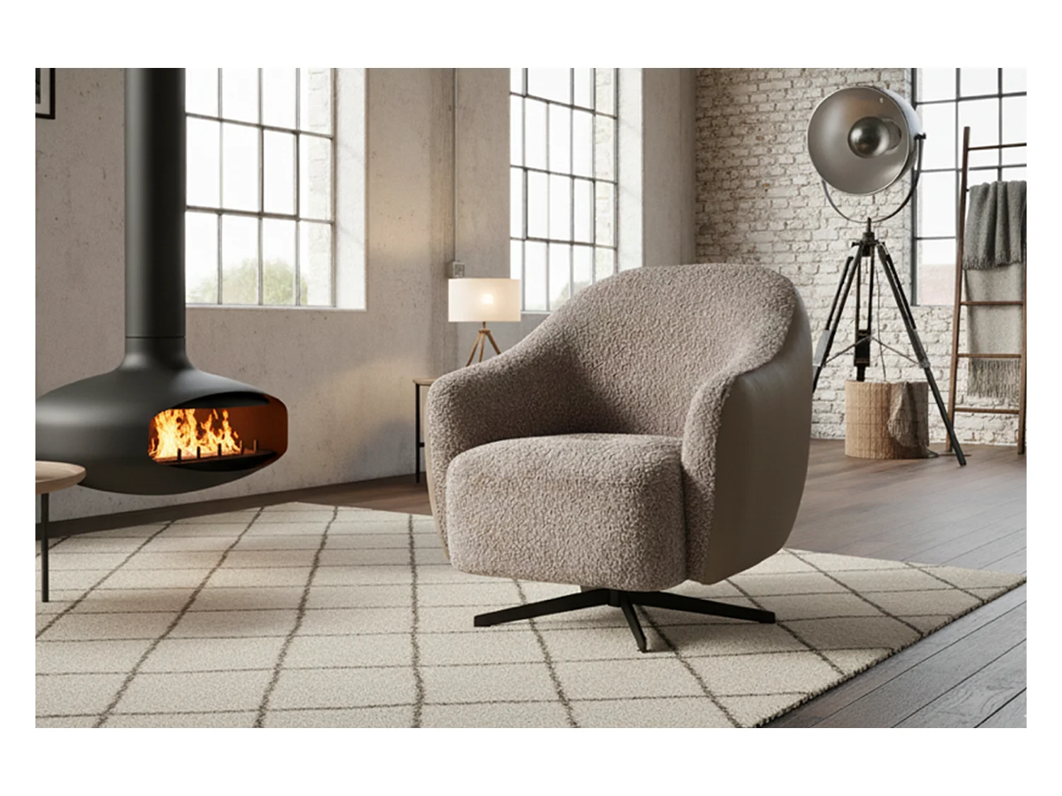 Drehsessel - Taupe Kunstleder, Bouclé - BRITTO