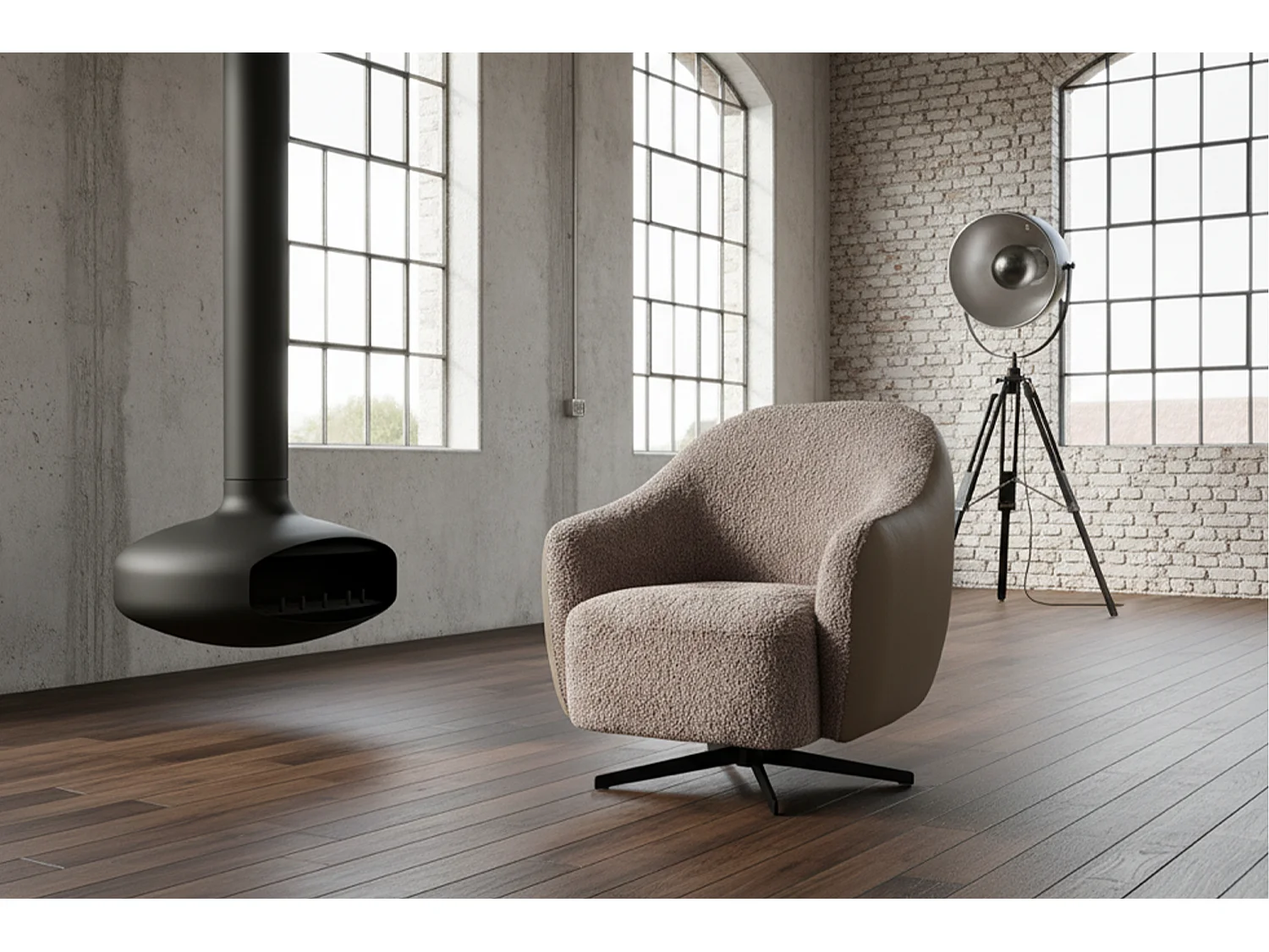 Draaibare fauteuil - Taupe Imitatieleer, bouclé - BRITTO