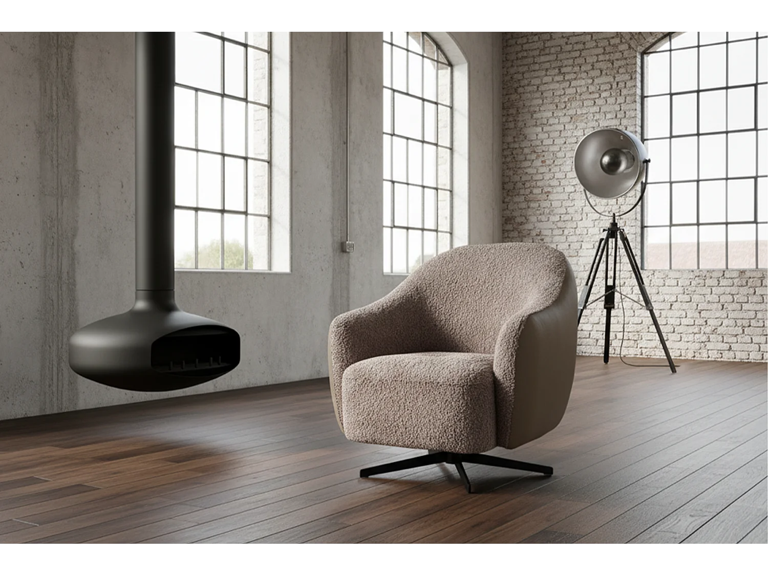 Draaibare fauteuil - Taupe Imitatieleer, bouclé - BRITTO