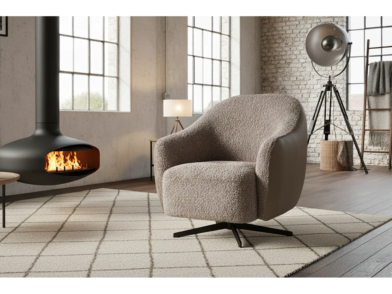 Draaibare fauteuil - Taupe Imitatieleer, bouclé - BRITTO