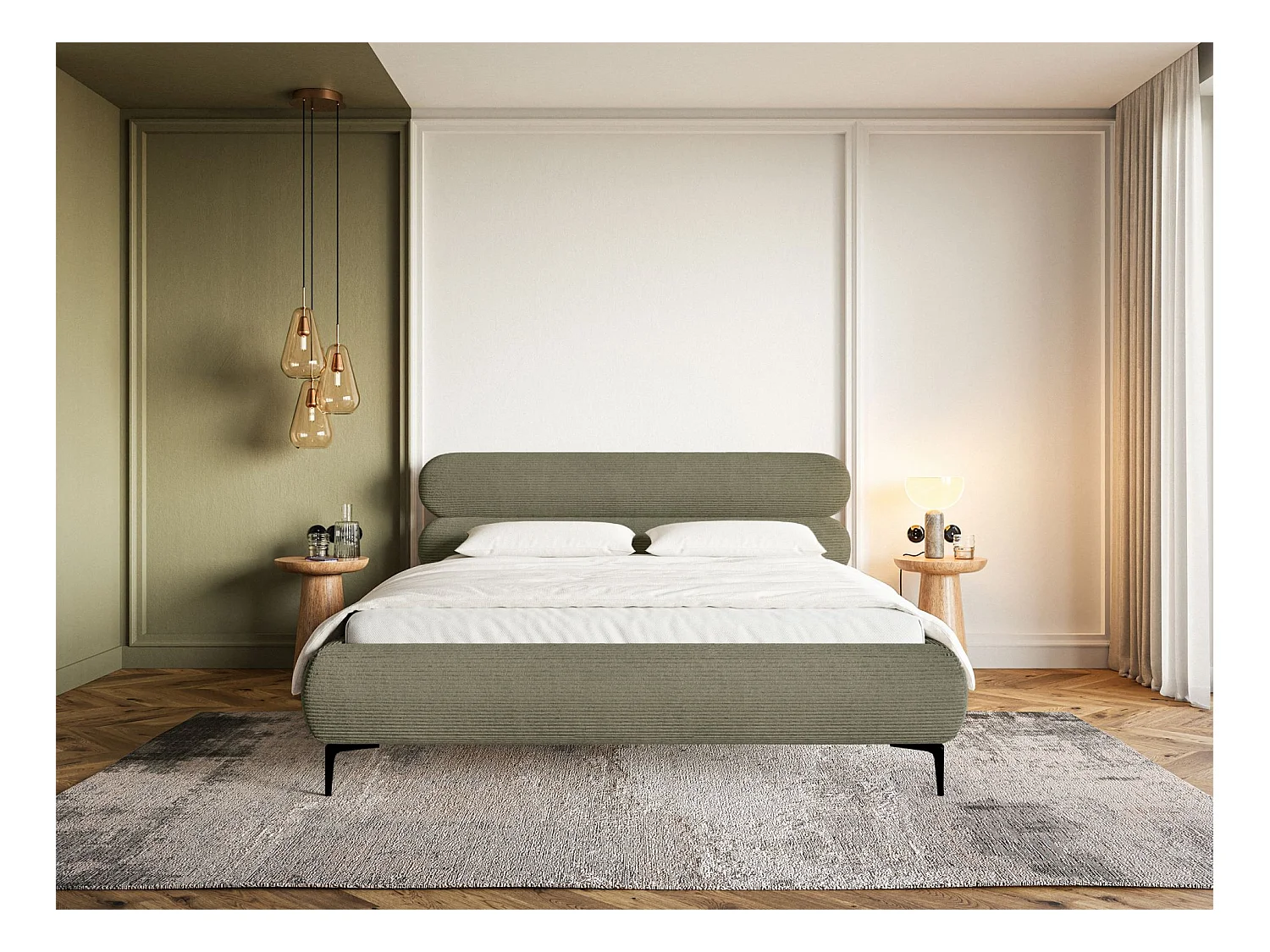 Gestoffeerd bed 160×200 – ribfluweel en zwarte poten – olijfgroen – ROULE CORD