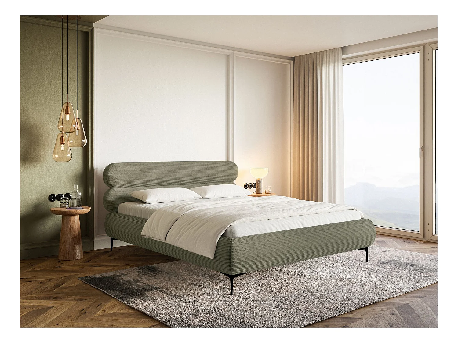 Gestoffeerd bed 160×200 – ribfluweel en zwarte poten – olijfgroen – ROULE CORD