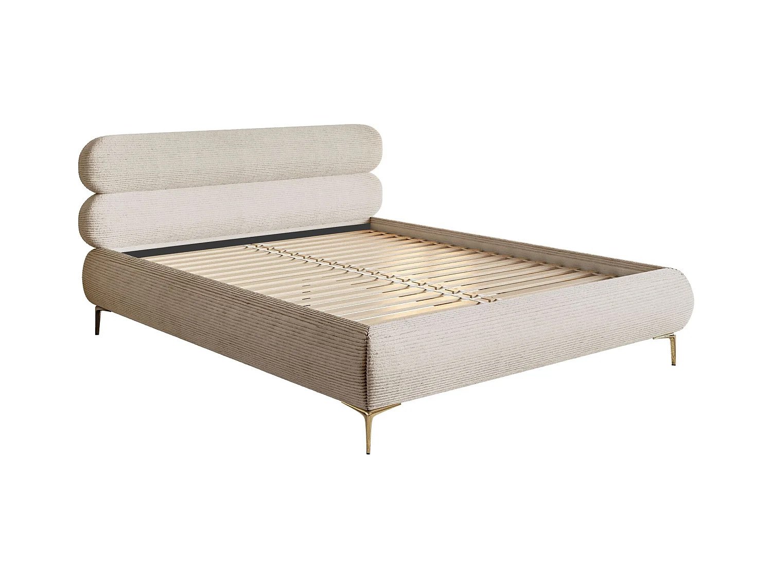 Lit tapissé 140x200 – sans rangement – velours côtelé – beige clair – ROULE CORD