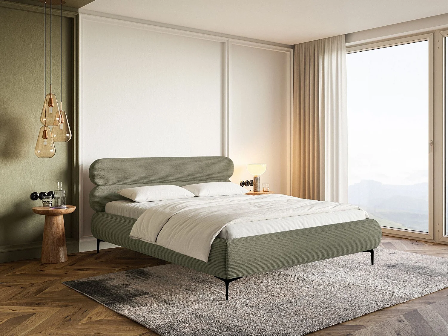 Lit tapissé 180x200 – sans rangement – velours côtelé – vert olive – ROULE CORD