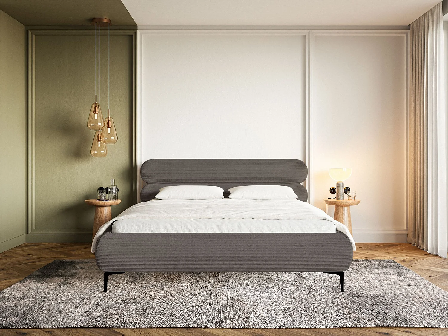 Lit tapissé 160x200 – sans rangement – velours côtelé – gris – ROULE CORD