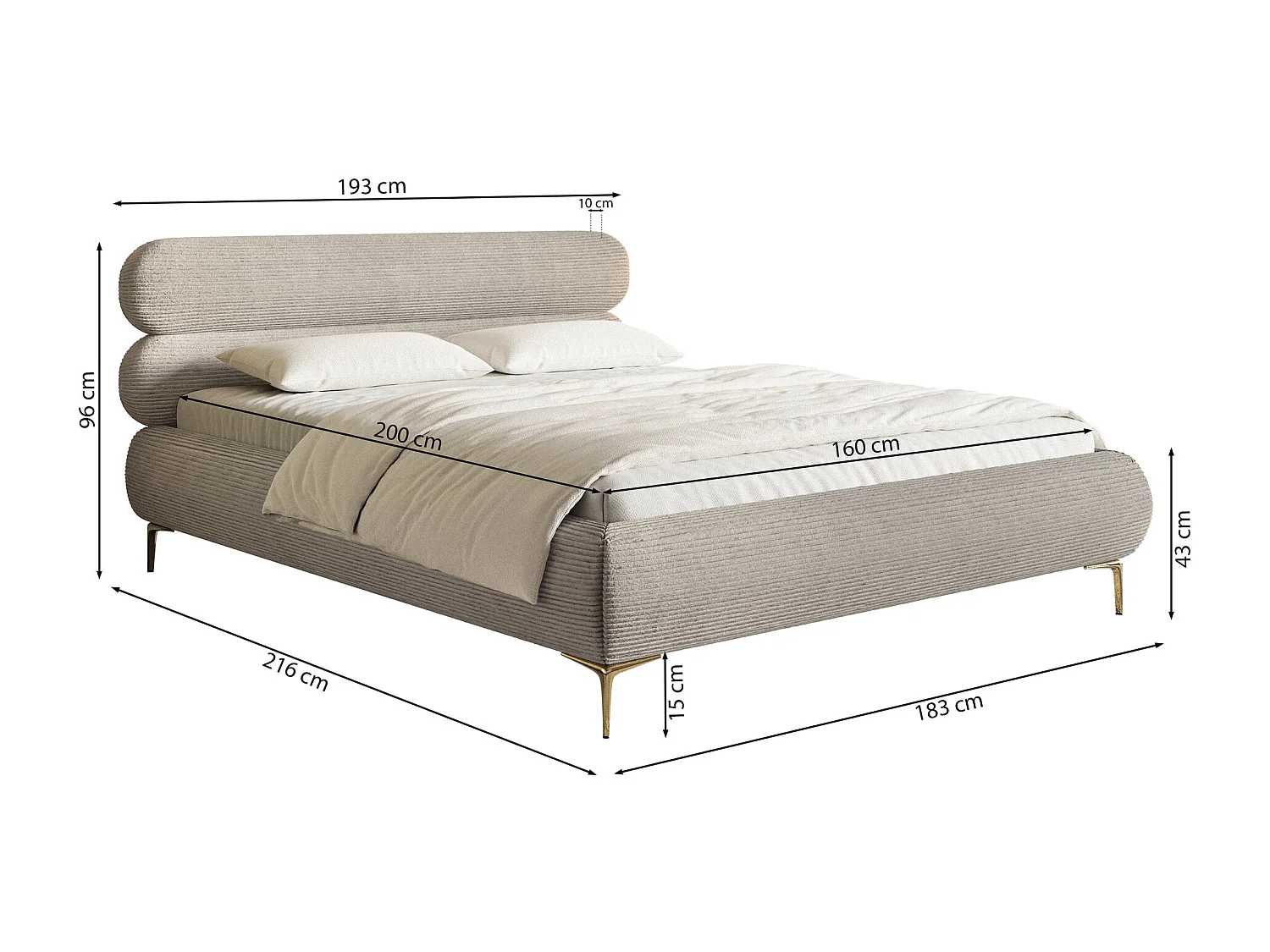 Lit tapissé 160x200 – sans rangement – velours côtelé – gris – ROULE CORD