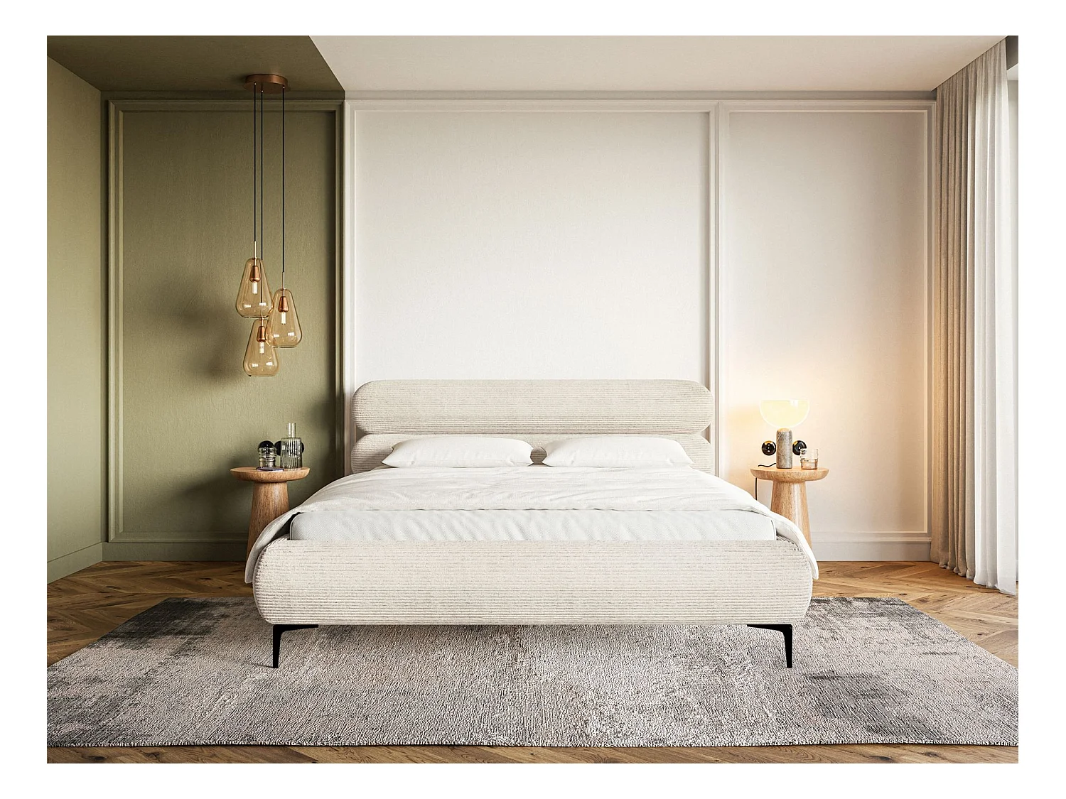 Lit tapissé 180x200 – sans rangement – velours côtelé – beige clair – ROULE CORD