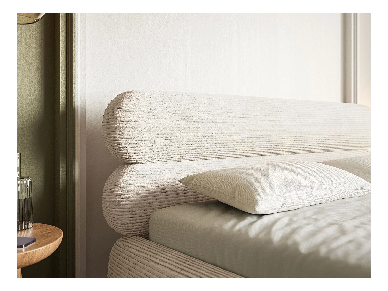 Lit tapissé 180x200 – sans rangement – velours côtelé – beige clair – ROULE CORD