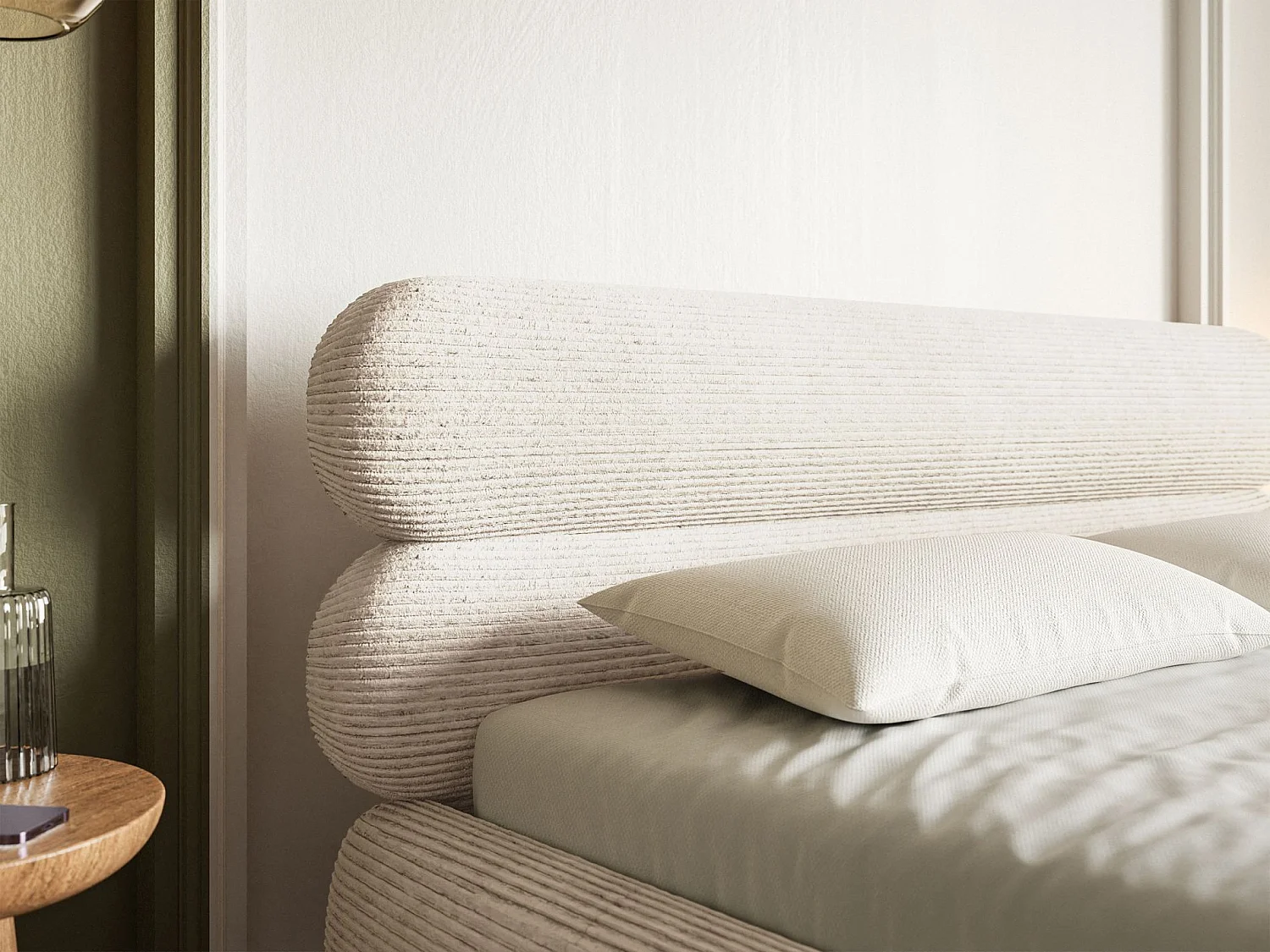 Lit tapissé 180x200 – sans rangement – velours côtelé – beige clair – ROULE CORD