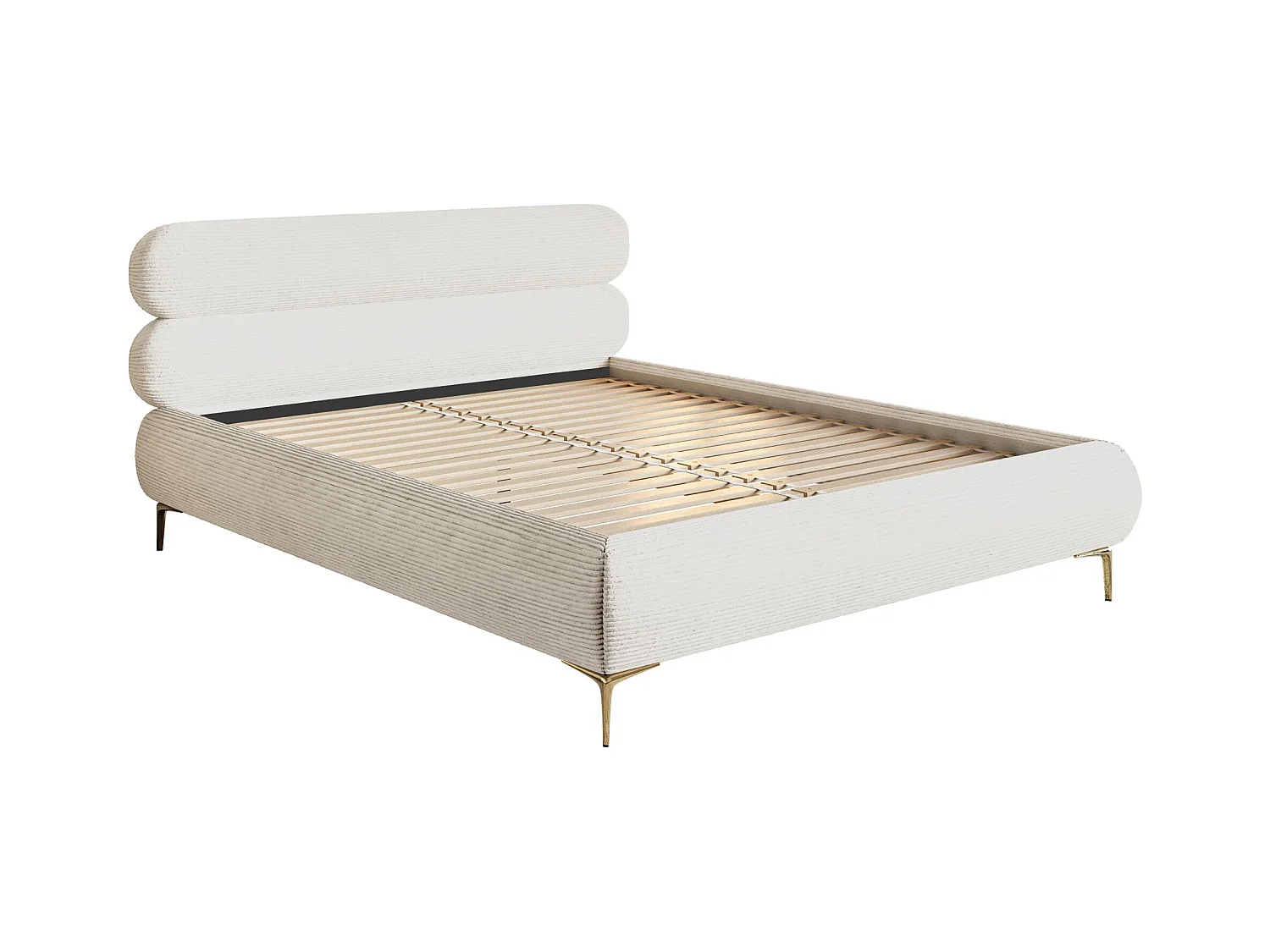 Gestoffeerd bed 160×200 – ribfluweel en goudkleurige poten – crème – ROULE CORD