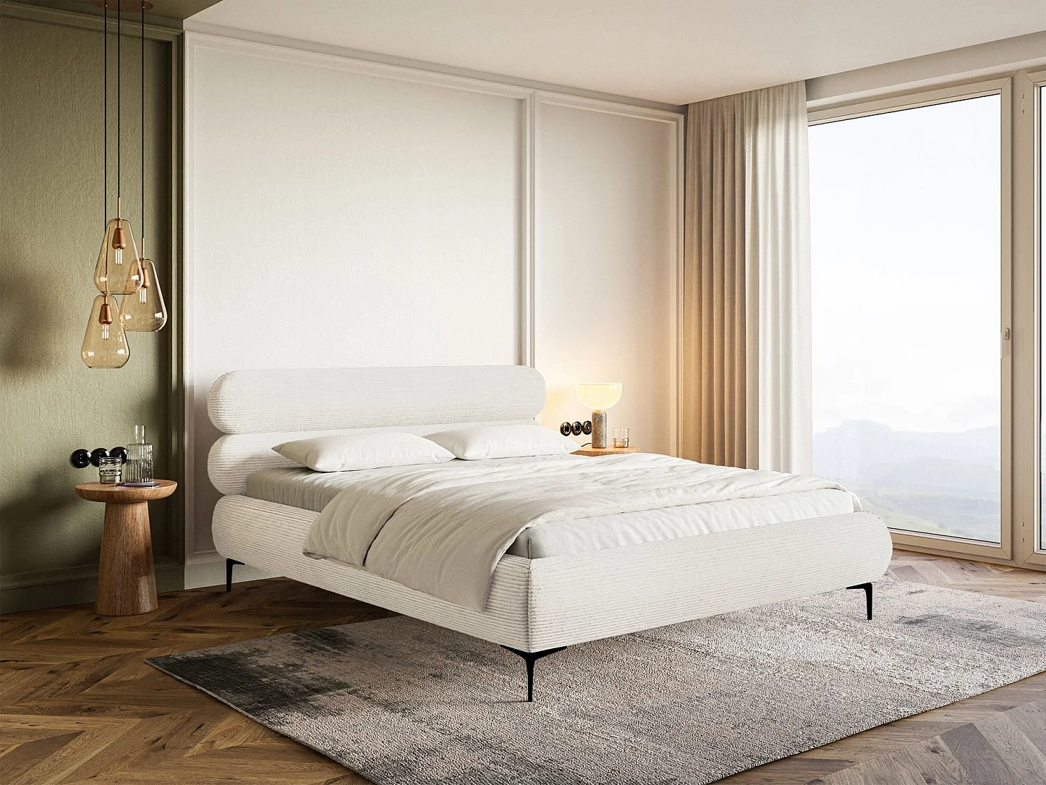 Gestoffeerd bed 160×200 – ribfluweel en goudkleurige poten – crème – ROULE CORD