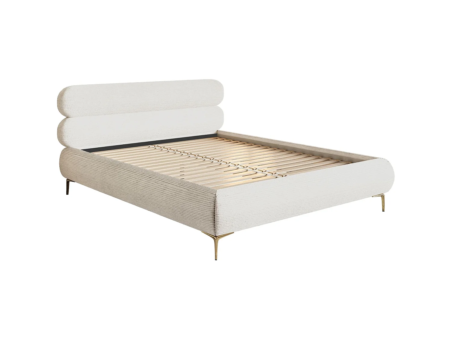 Gestoffeerd bed 160×200 – ribfluweel en goudkleurige poten – crème – ROULE CORD