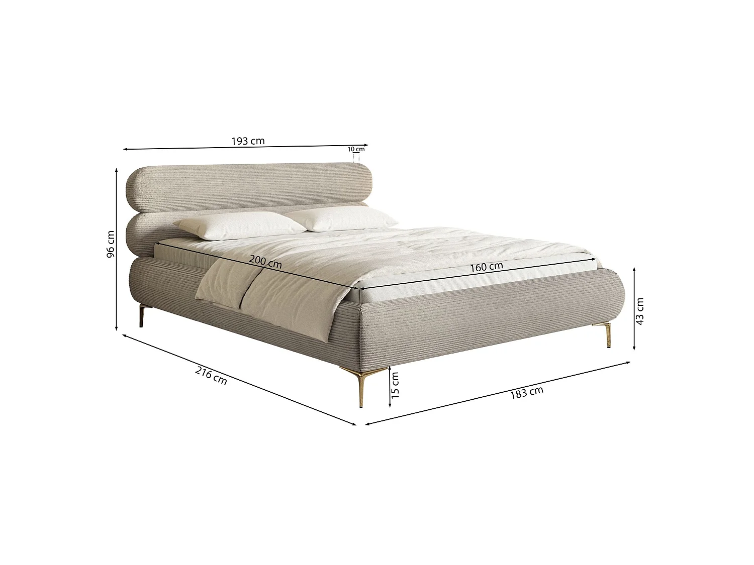 Gestoffeerd bed 160×200 – ribfluweel en goudkleurige poten – crème – ROULE CORD