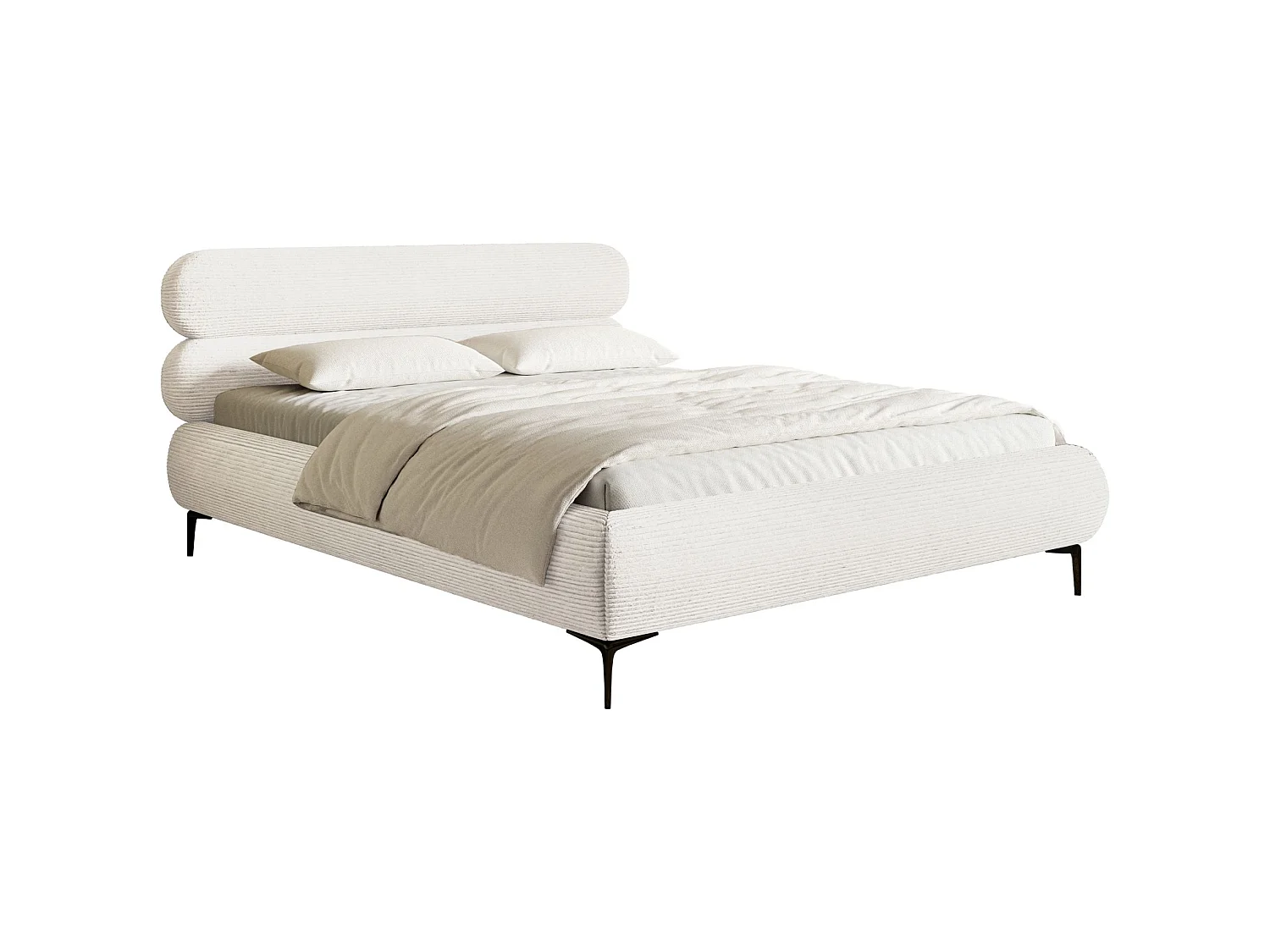 Gestoffeerd bed 160×200 – ribfluweel en goudkleurige poten – crème – ROULE CORD