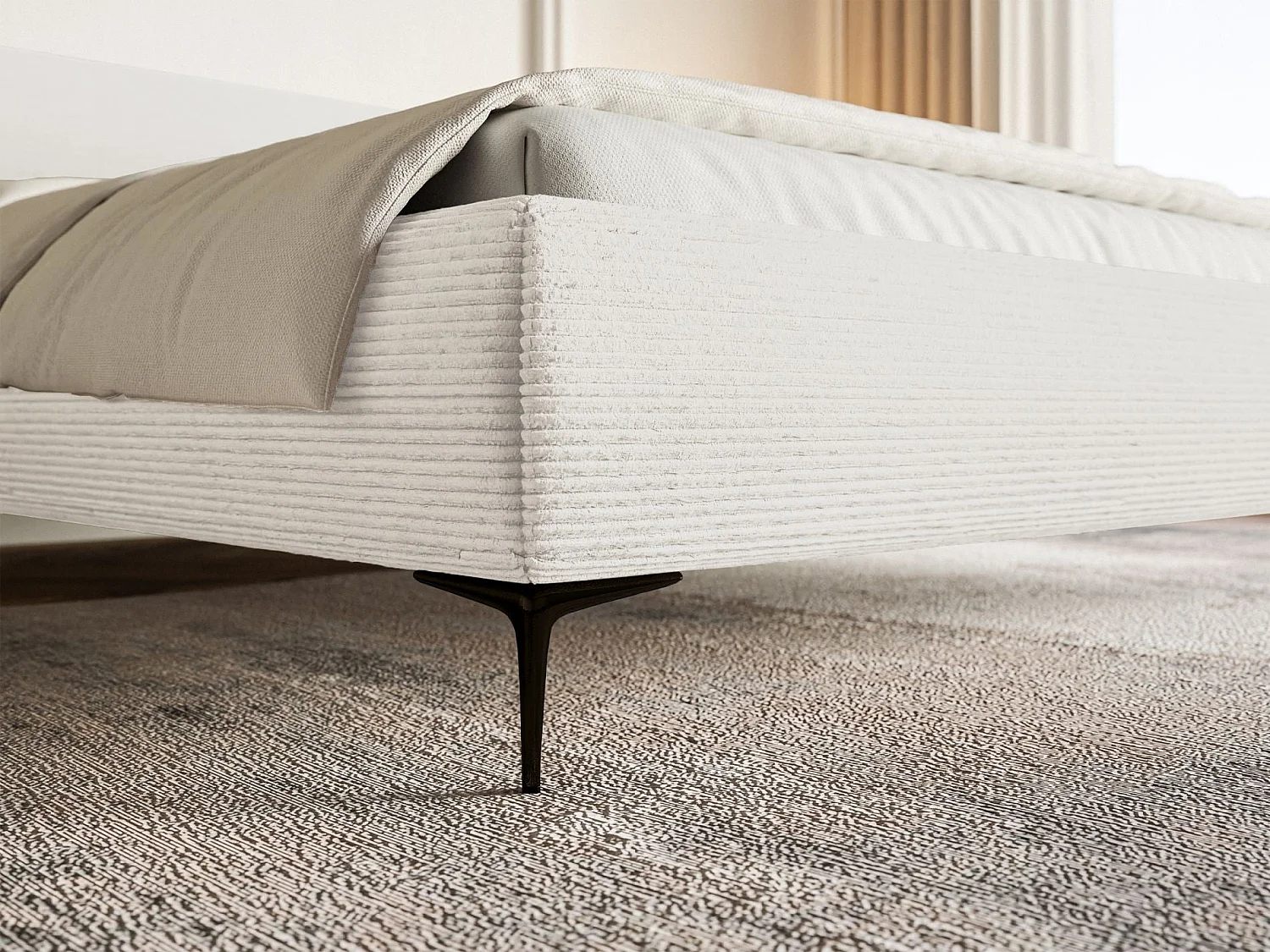Gestoffeerd bed 160×200 – ribfluweel en goudkleurige poten – crème – ROULE CORD