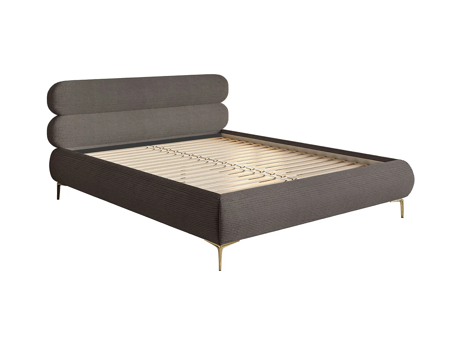 Gestoffeerd bed 160×200 – ribfluweel en goudkleurige poten – bruin – ROULE CORD