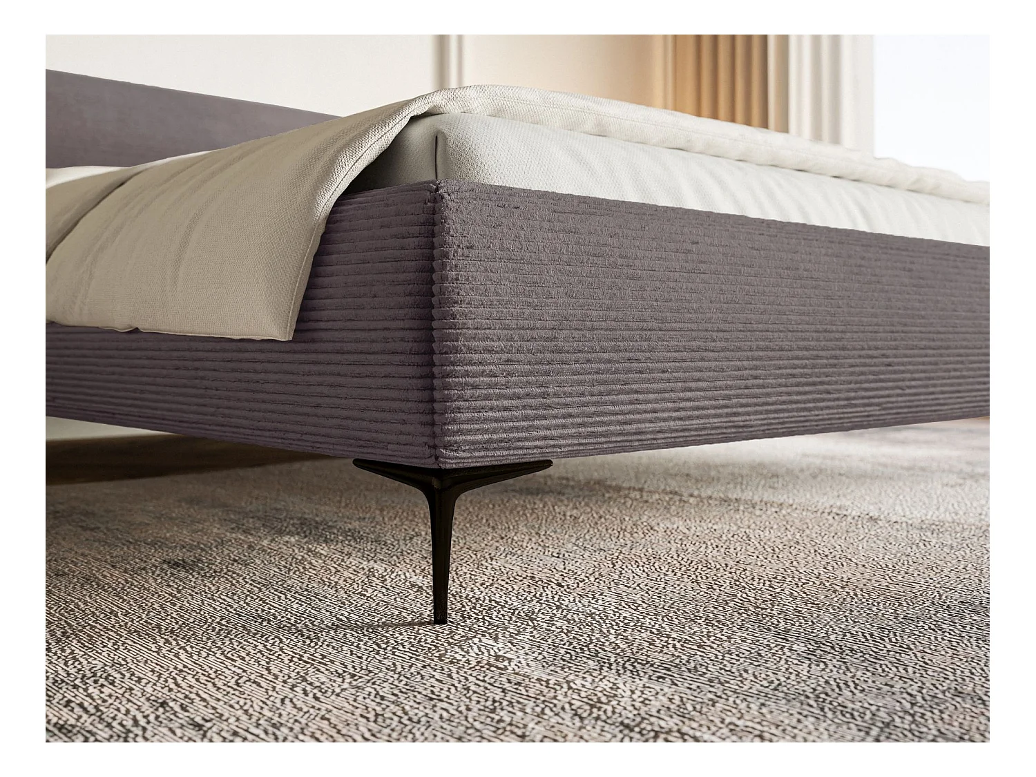 Gestoffeerd bed 160×200 – ribfluweel en goudkleurige poten – bruin – ROULE CORD