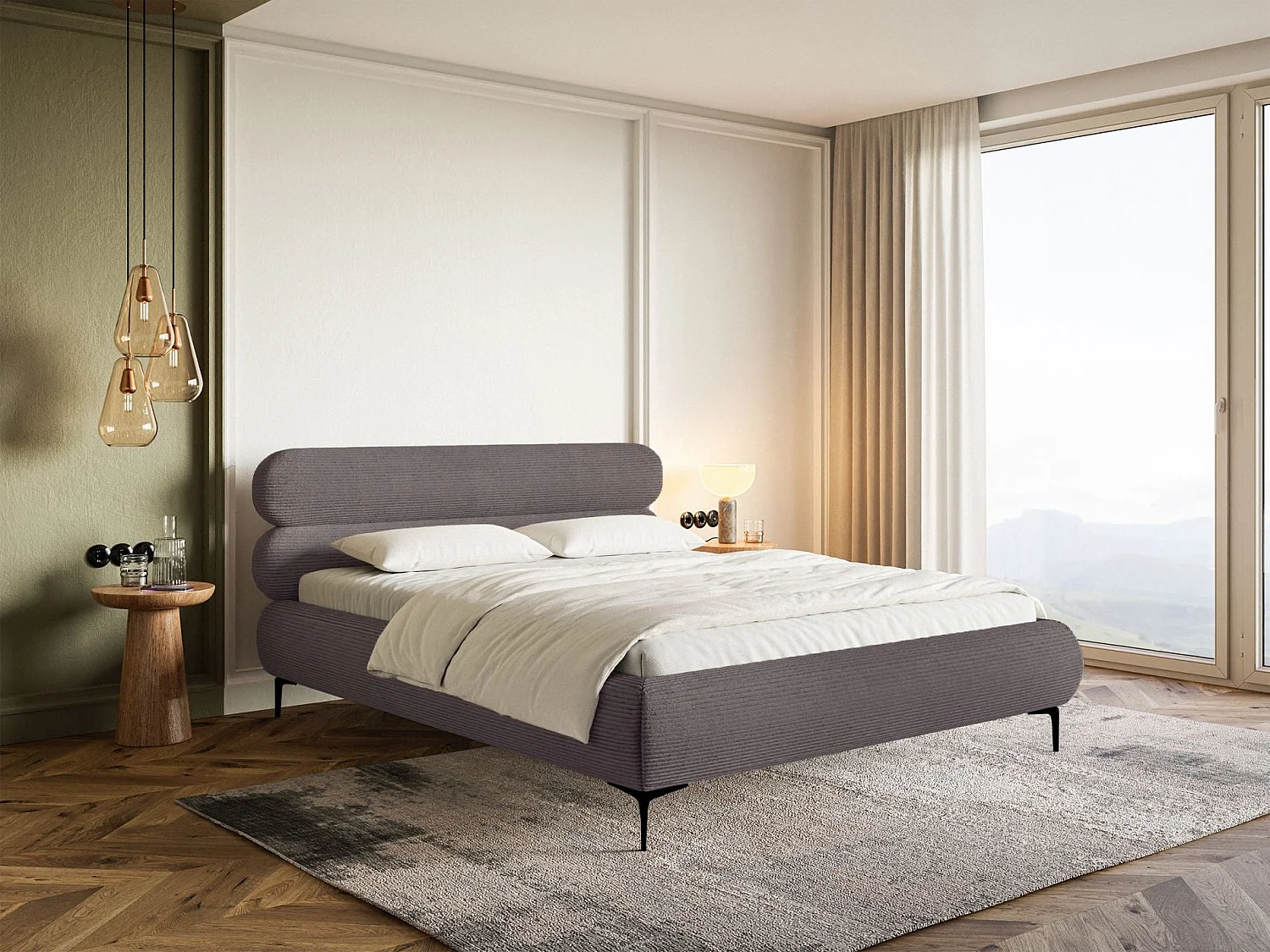 Gestoffeerd bed 160×200 – ribfluweel en goudkleurige poten – bruin – ROULE CORD