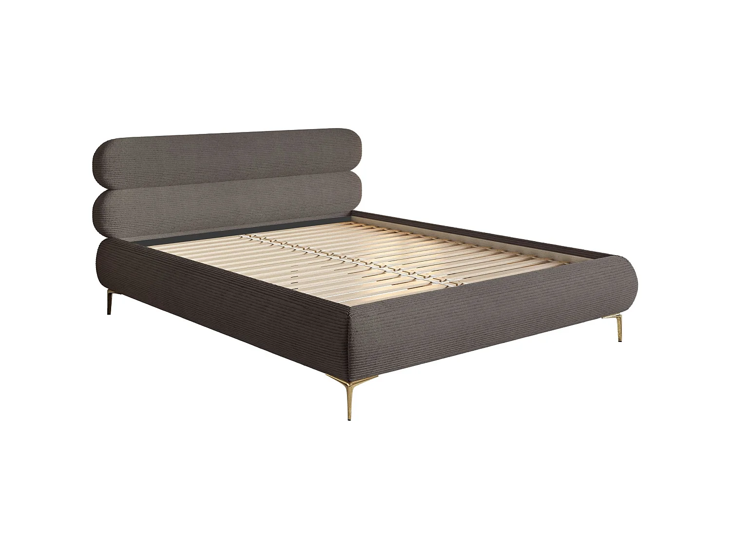 Gestoffeerd bed 160×200 – ribfluweel en goudkleurige poten – bruin – ROULE CORD