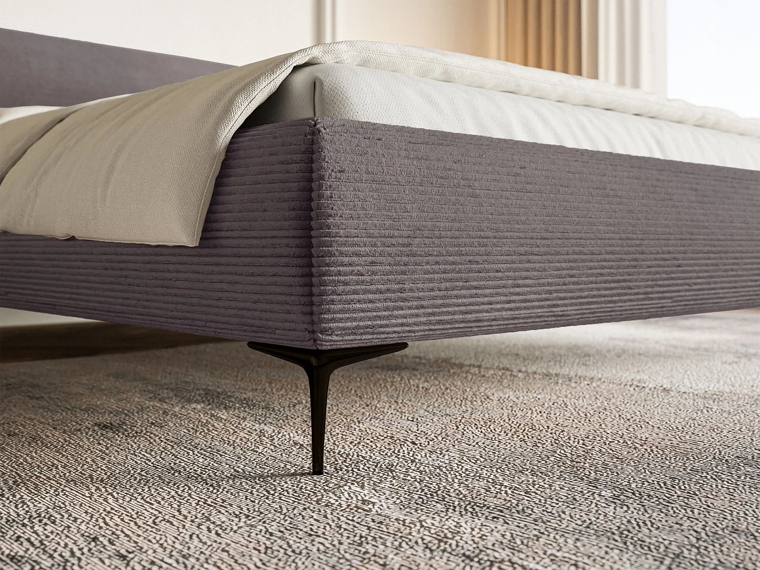 Gestoffeerd bed 160×200 – ribfluweel en goudkleurige poten – bruin – ROULE CORD