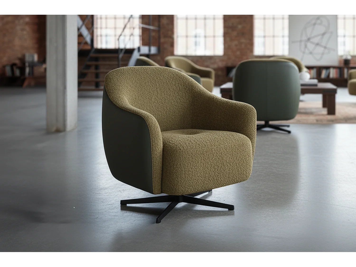 Draaibare fauteuil - Groen Imitatieleer, bouclé - BRITTO