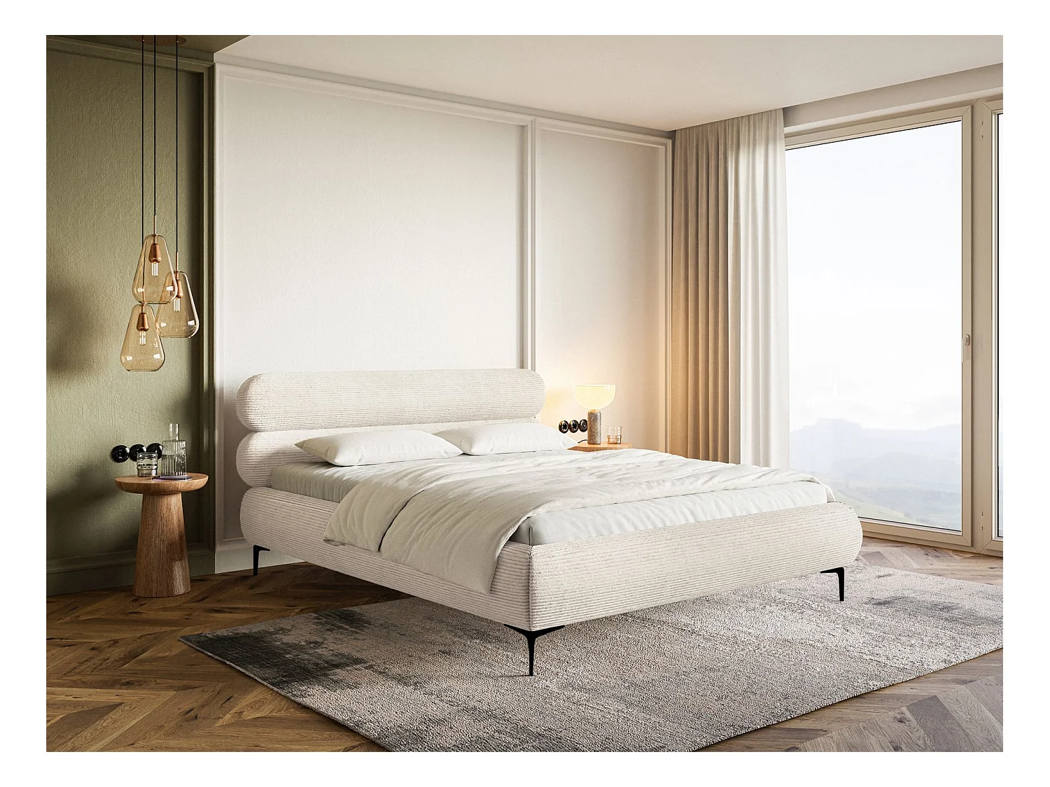 Gestoffeerd bed 160×200 – ribfluweel en goudkleurige poten – lichtbeige – ROULE CORD