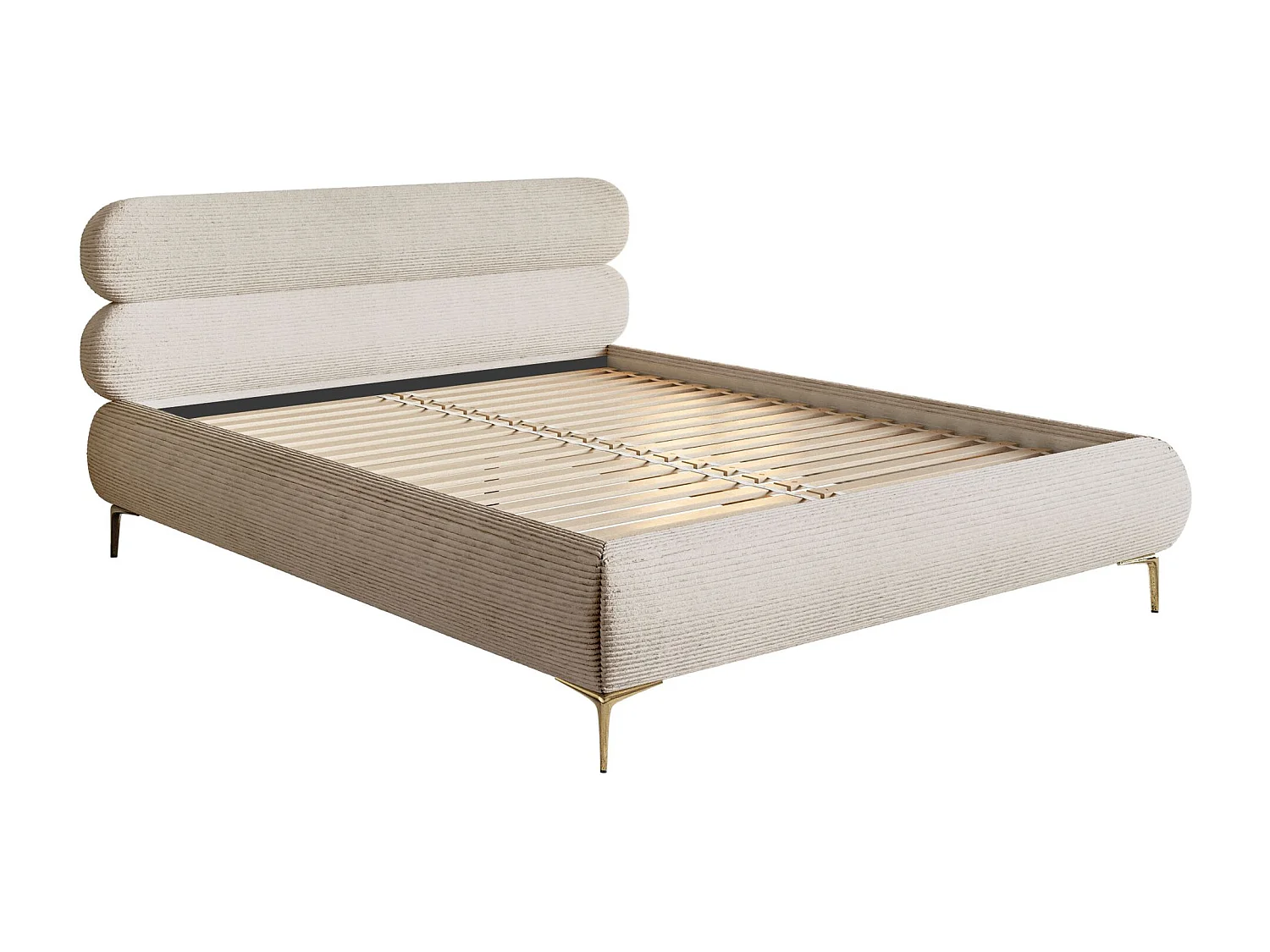 Lit tapissé 160x200 – sans rangement – velours côtelé – beige clair – ROULE CORD