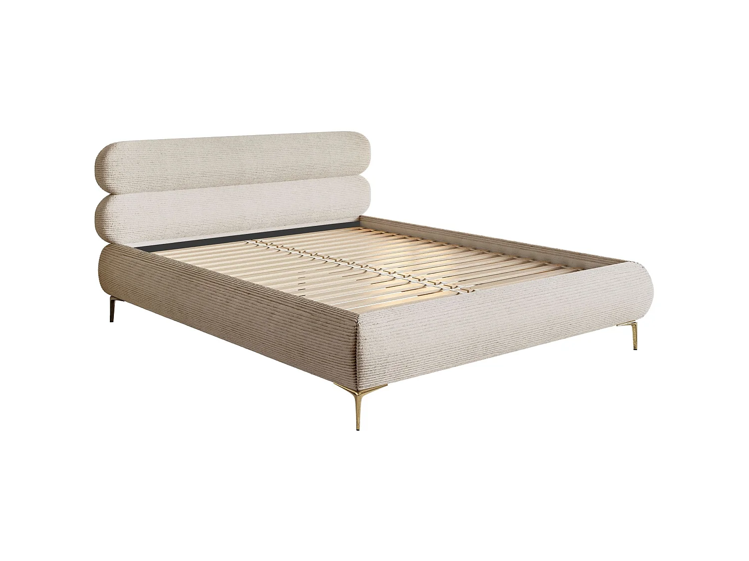 Gestoffeerd bed 160×200 – ribfluweel en goudkleurige poten – lichtbeige – ROULE CORD