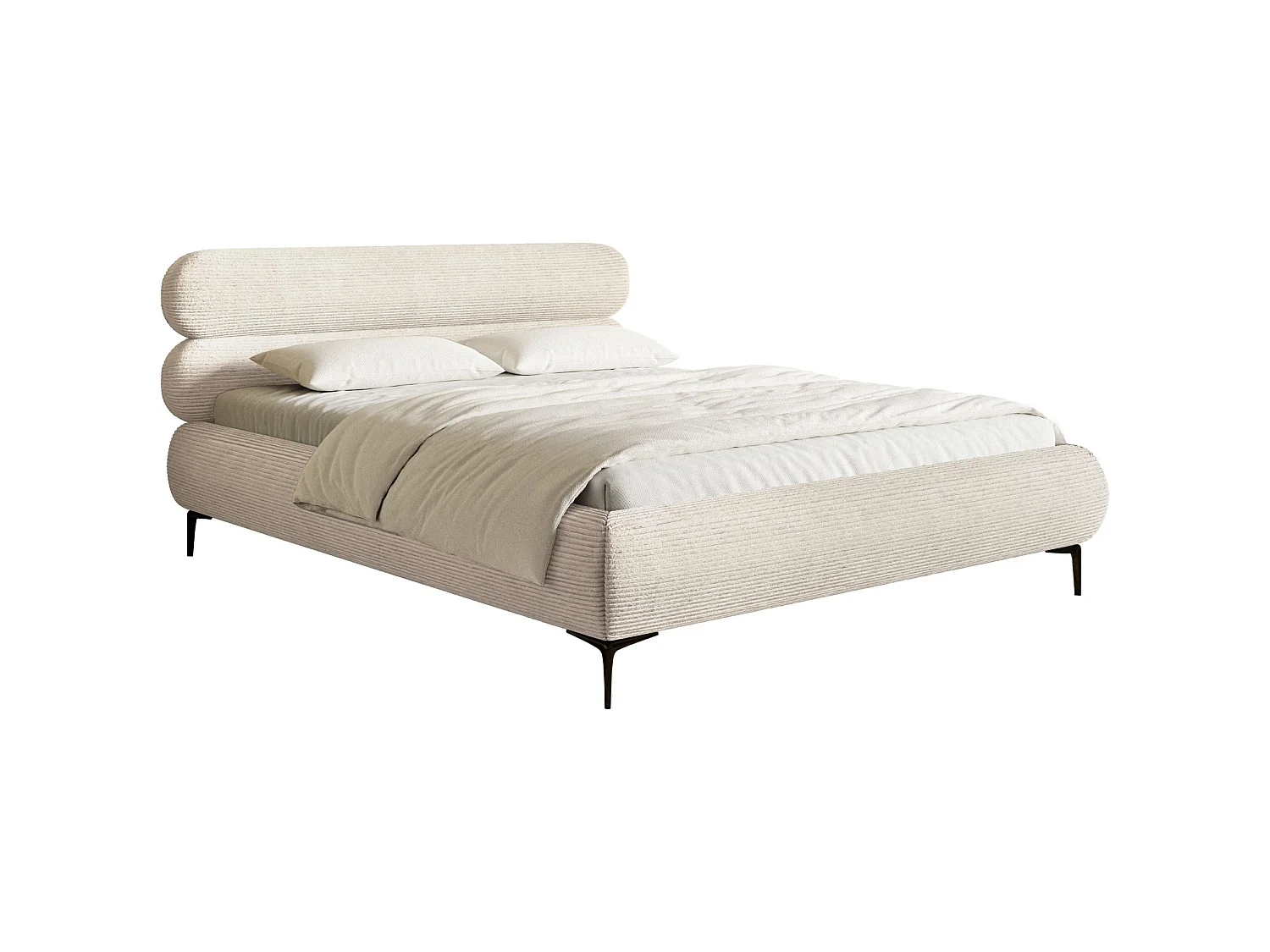 Gestoffeerd bed 160×200 – ribfluweel en goudkleurige poten – lichtbeige – ROULE CORD