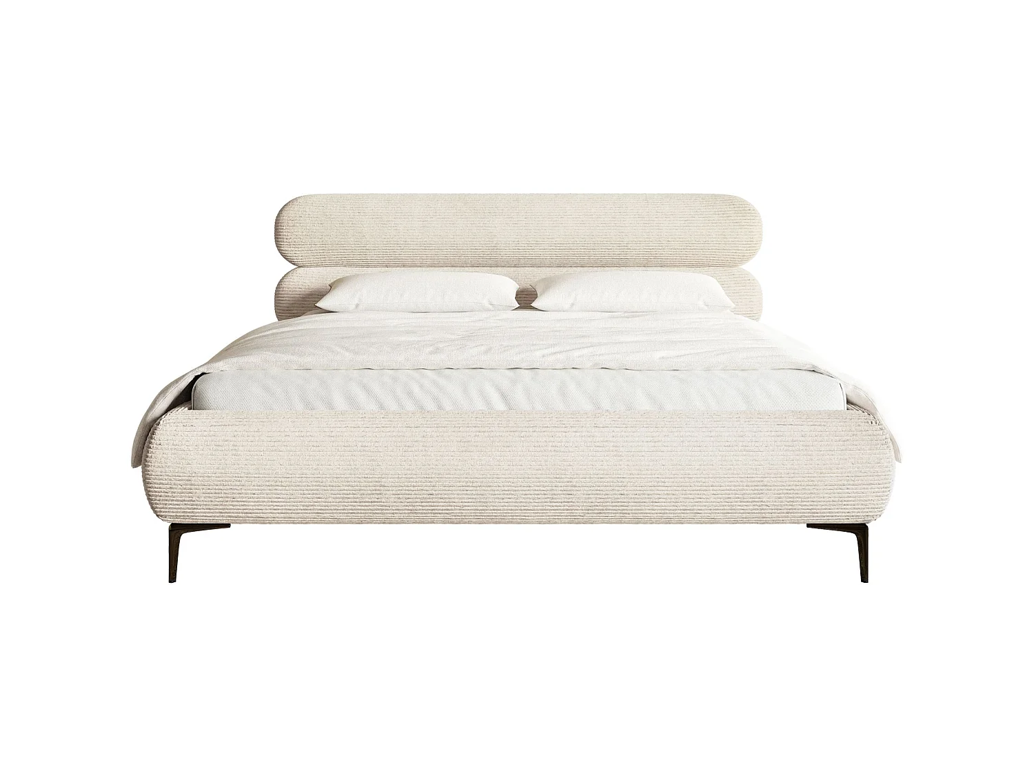 Gestoffeerd bed 160×200 – ribfluweel en goudkleurige poten – lichtbeige – ROULE CORD