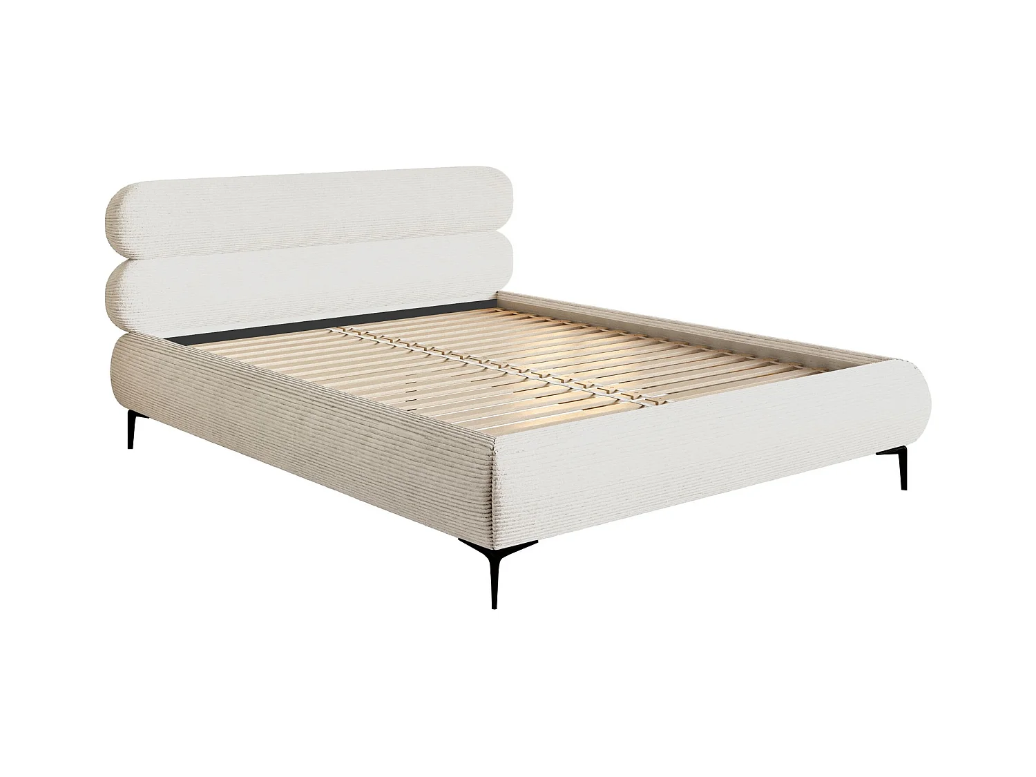 Gestoffeerd bed 180×200 – ribfluweel en zwarte poten – crème – ROULE CORD