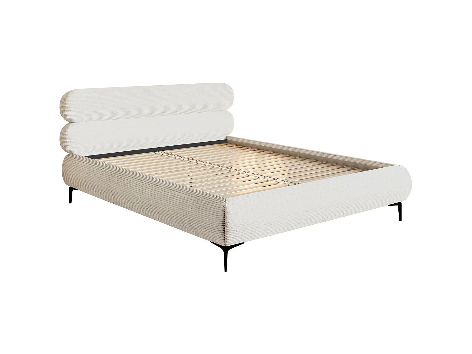 Gestoffeerd bed 180×200 – ribfluweel en zwarte poten – crème – ROULE CORD