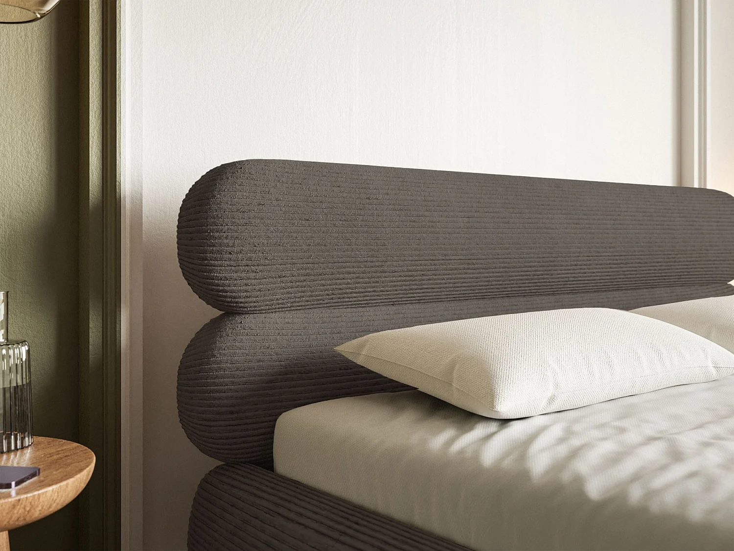 Lit tapissé 140x200 – sans rangement – velours côtelé – gris – ROULE CORD