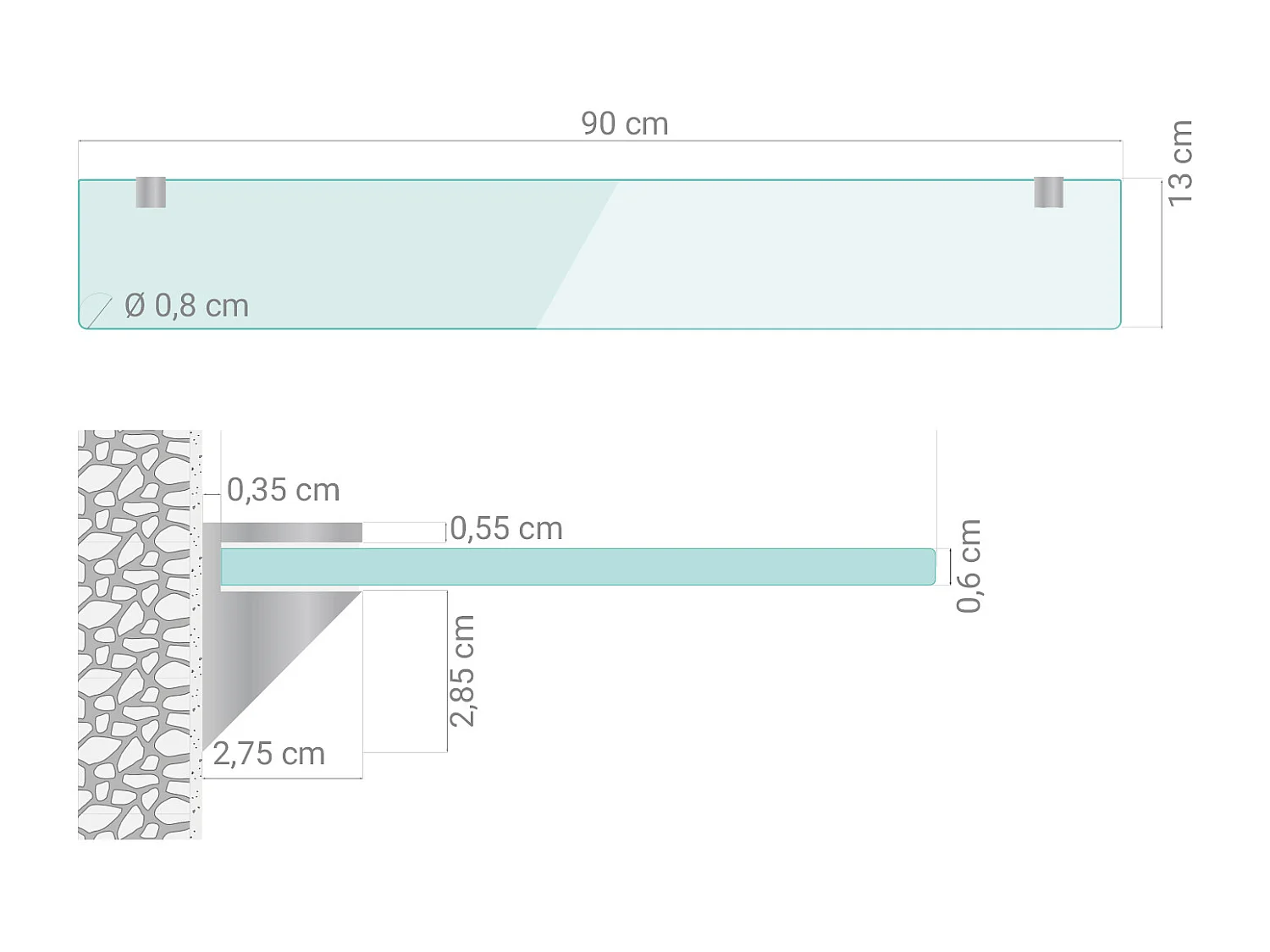 Glas Wandregal 90x13 cm Transparent – Badezimmer Glasboden unter Spiegel, Sicherheitsglas klar