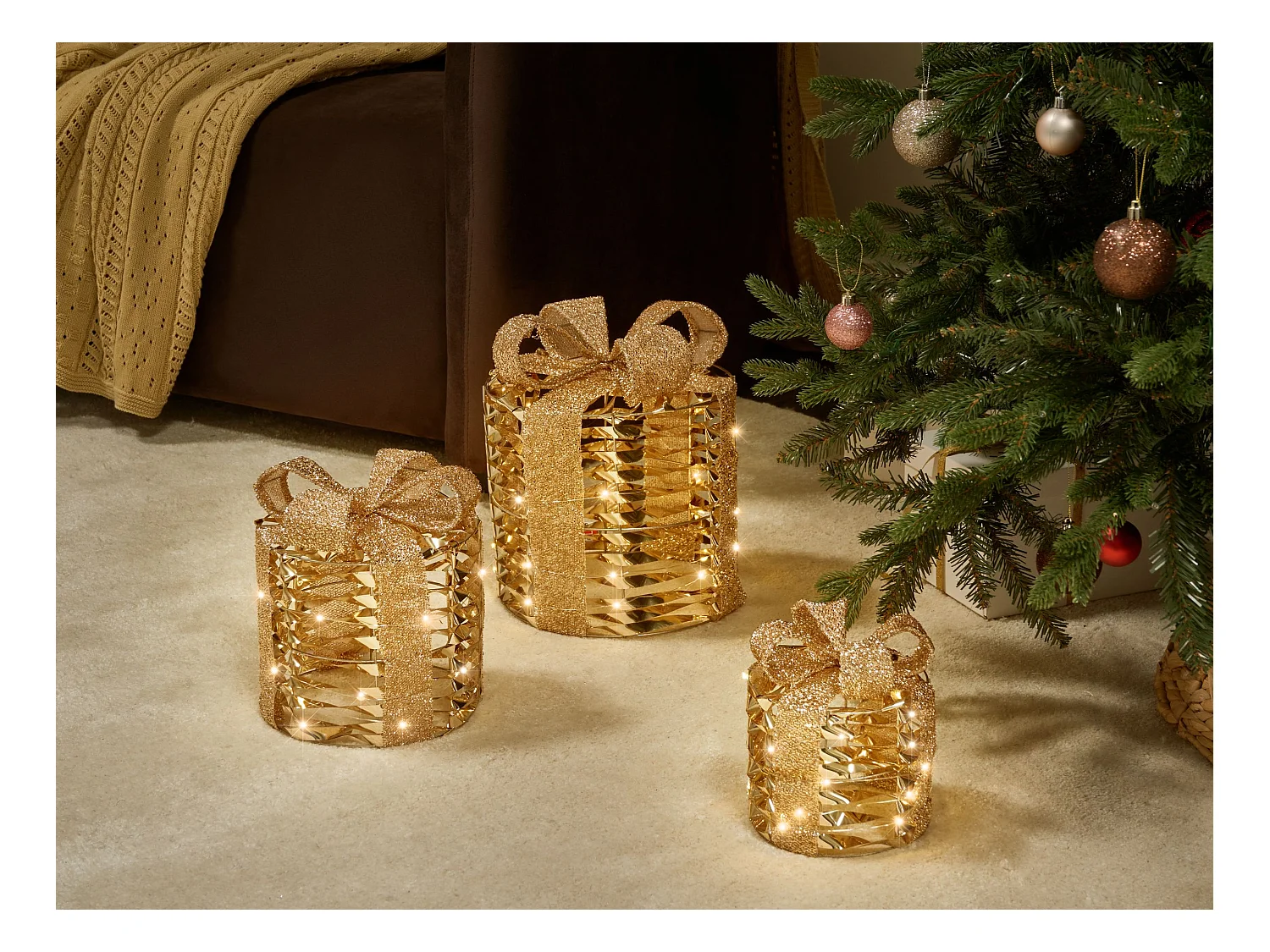 Lot de 3 décorations de Noël LED SLIVSO Cadeaux de Noël 20/25/30 cm Doré