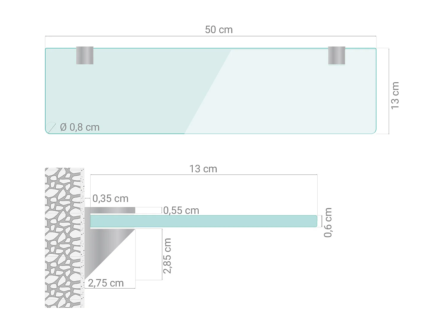 Glas Wandregal 50x13 cm – Transparentes Badezimmerregal aus Sicherheitsglas, Glasboden klar