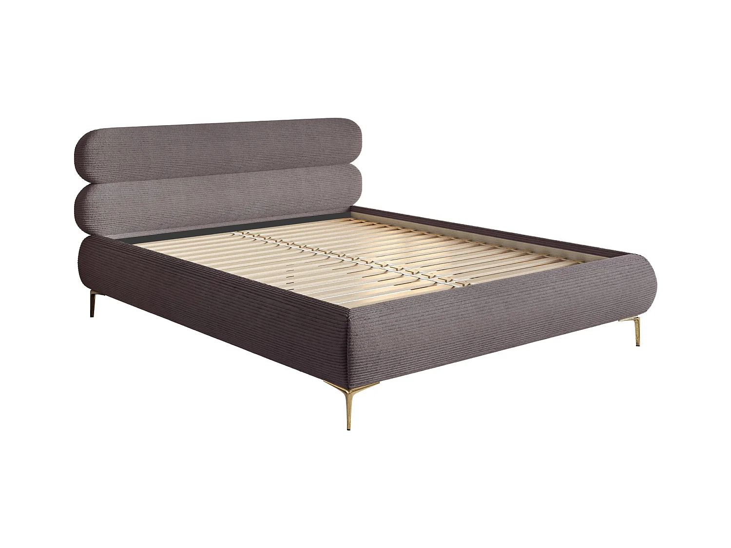 Gestoffeerd bed 180×200 – ribfluweel en goudkleurige poten – grijs – ROULE CORD