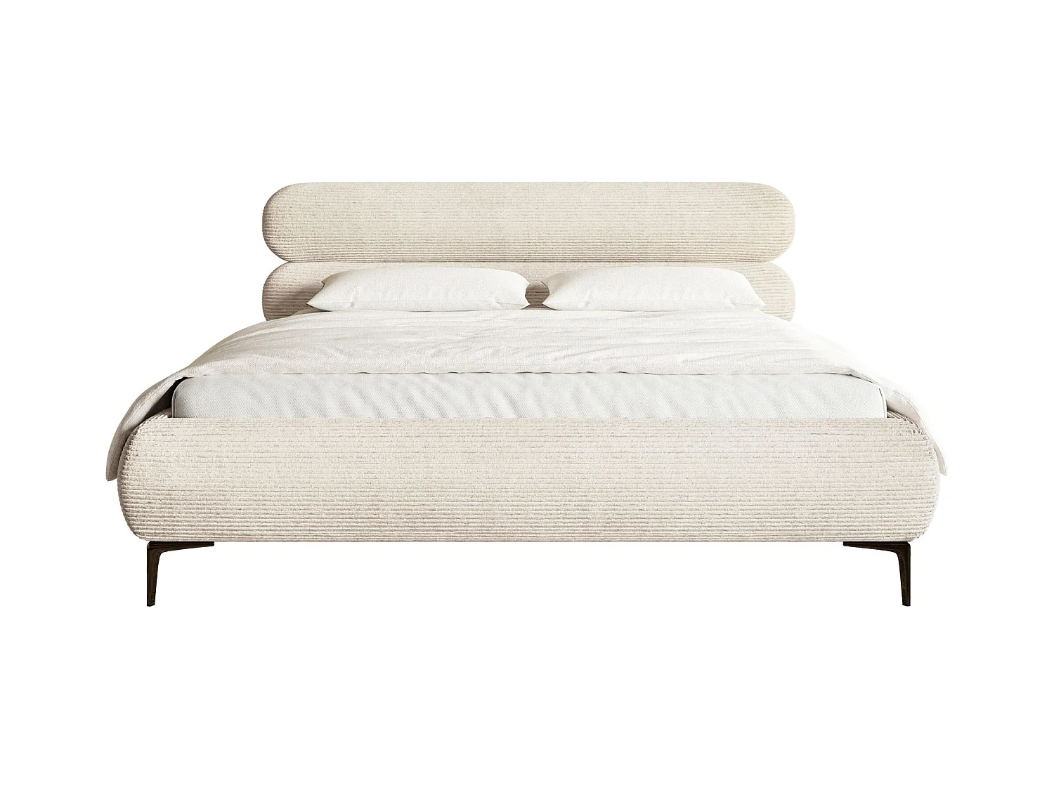 Gestoffeerd bed 160×200 – ribfluweel en zwarte poten – lichtbeige – ROULE CORD