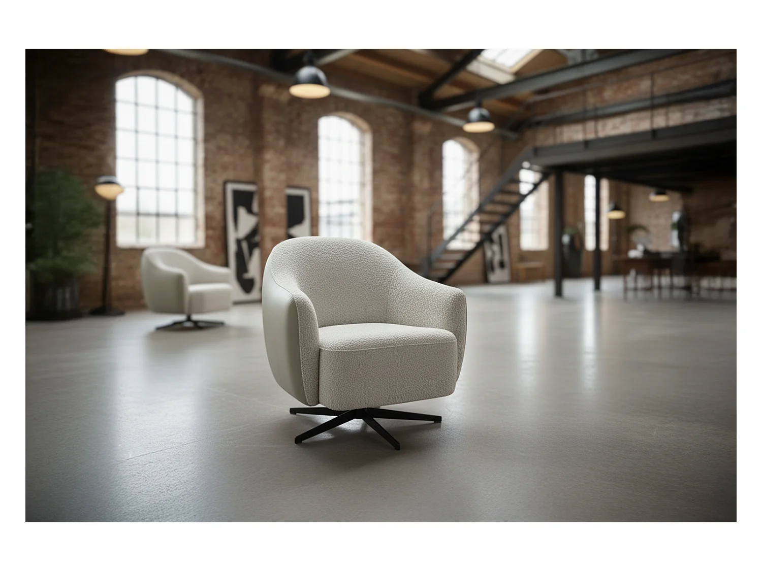 Drehsessel - Cremeweiß Kunstleder, Bouclé - BRITTO