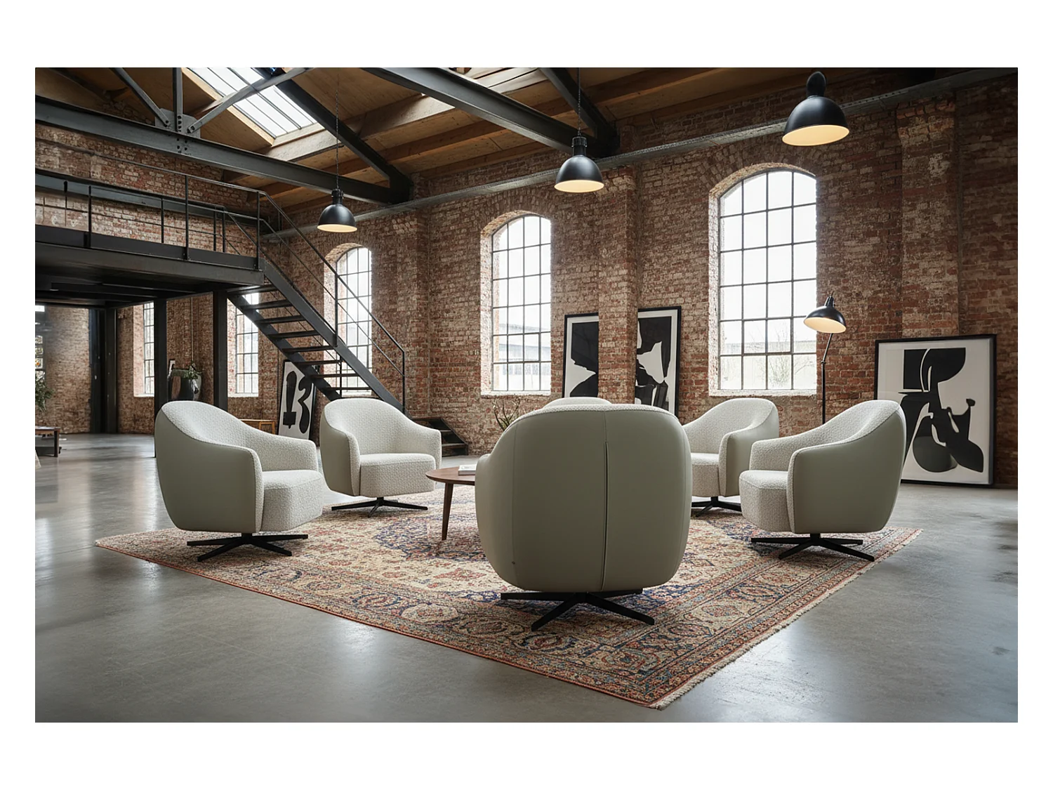 Drehsessel - Cremeweiß Kunstleder, Bouclé - BRITTO