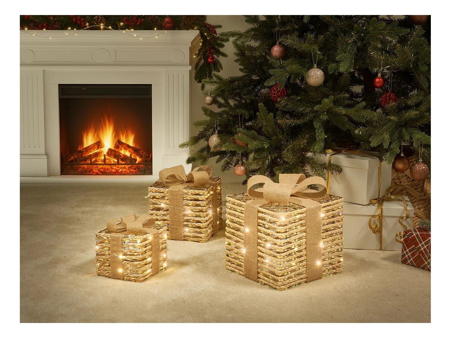 Lot de 3 décorations de Noël LED MOSSO Cadeaux de Noël 20/25/30 cm Beige