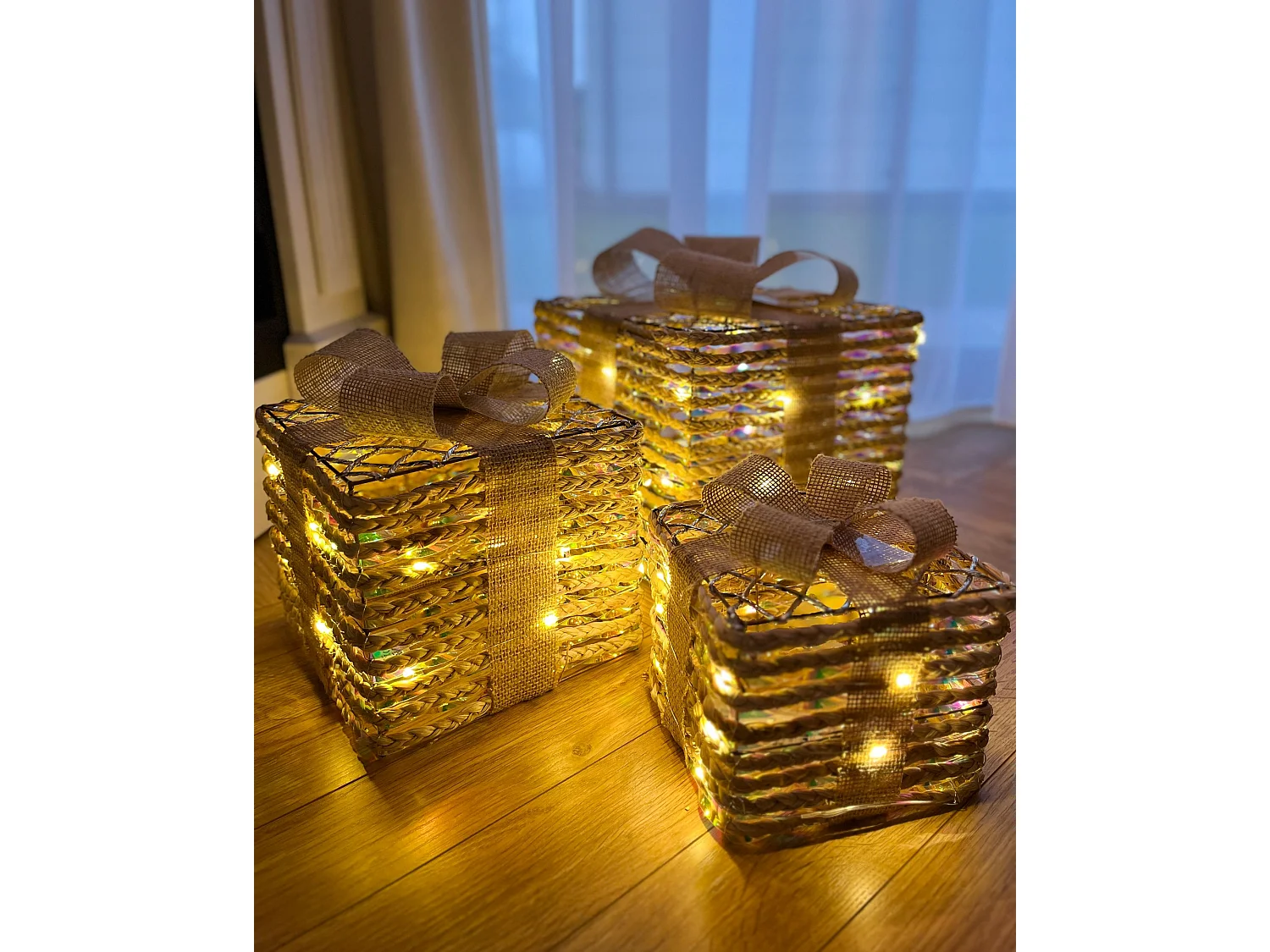 Lot de 3 décorations de Noël LED MOSSO 20/25/30 cm Cadeaux de Noël Beige