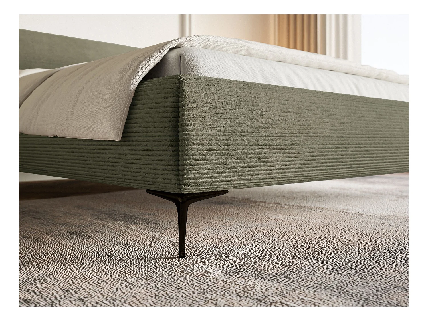 Gestoffeerd bed 180×200 – ribfluweel en goudkleurige poten – olijfgroen – ROULE CORD