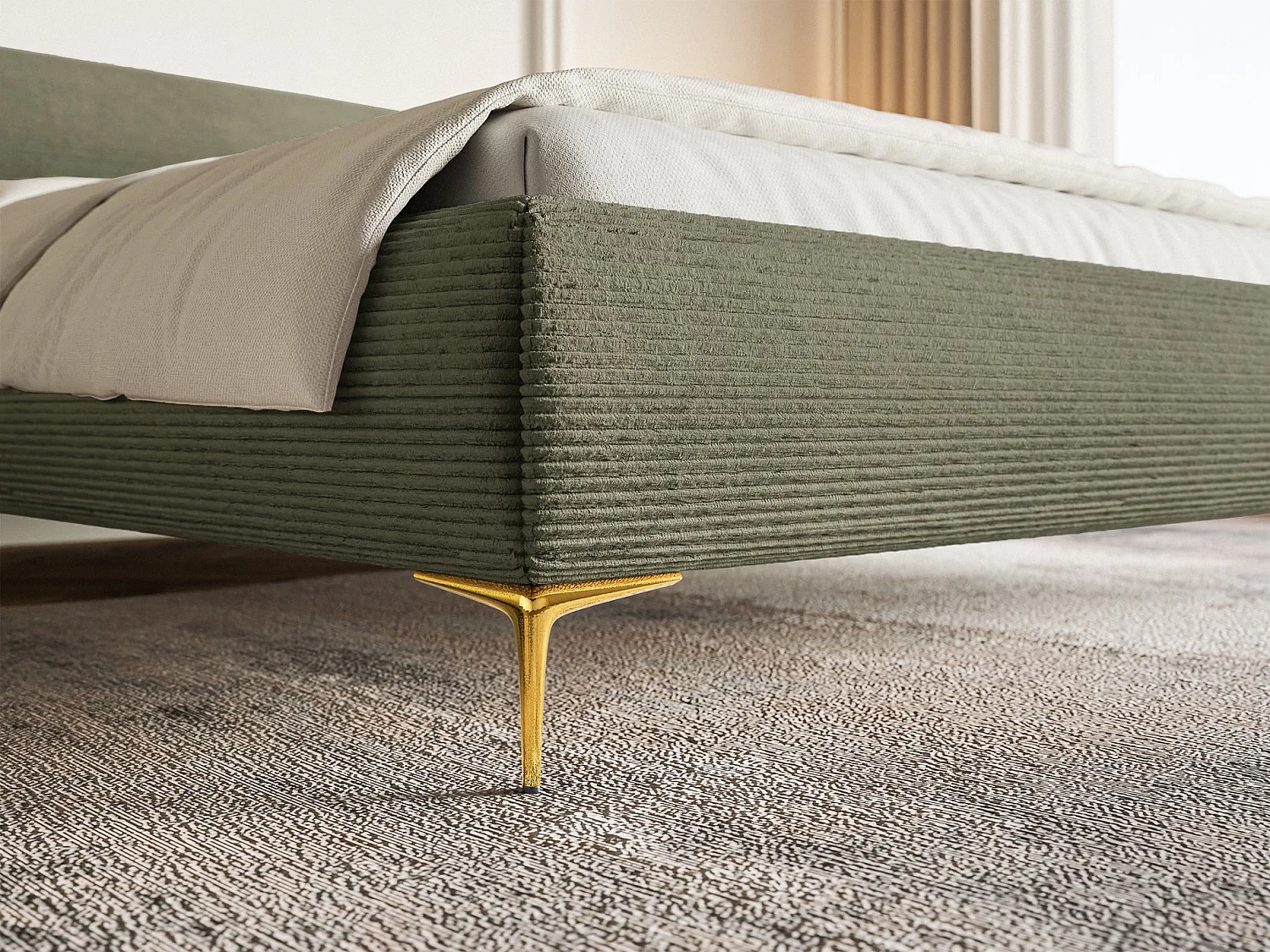 Lit tapissé 180x200 – sans rangement – velours côtelé – vert olive – ROULE CORD