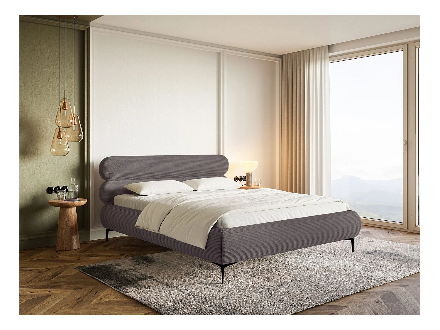 Gestoffeerd bed 160×200 – ribfluweel en zwarte poten – bruin – ROULE CORD