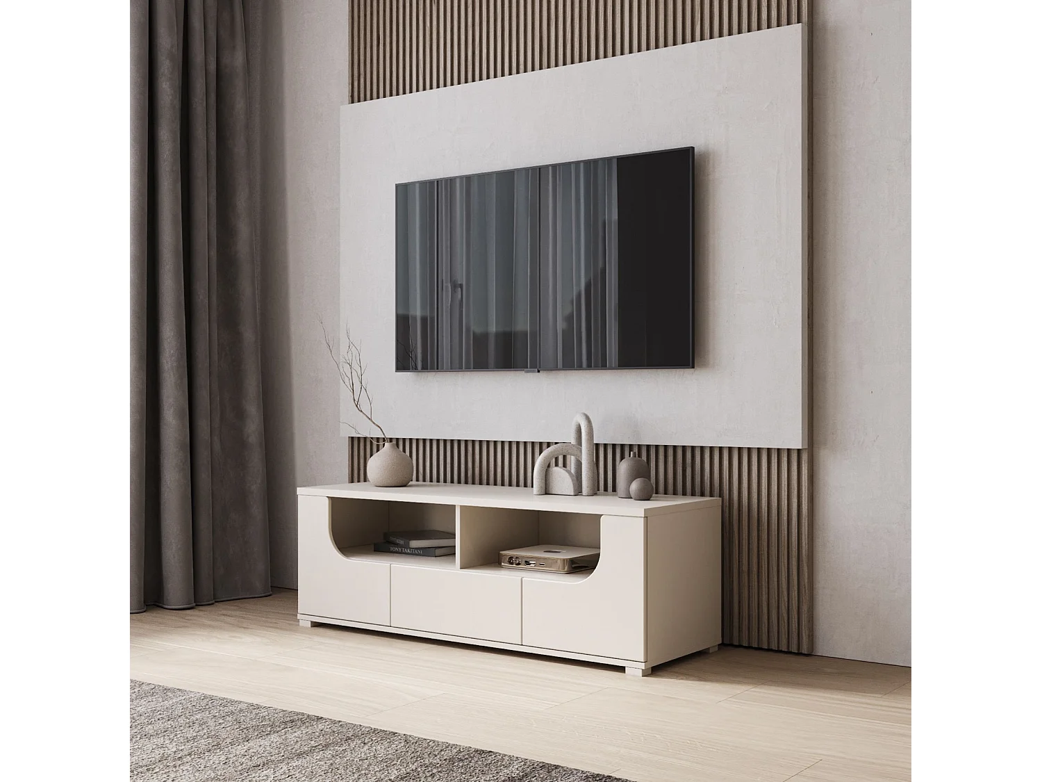 Meuble TV bas avec tiroir et niches ouvertes – gris cachemire – 130 cm – VALLES