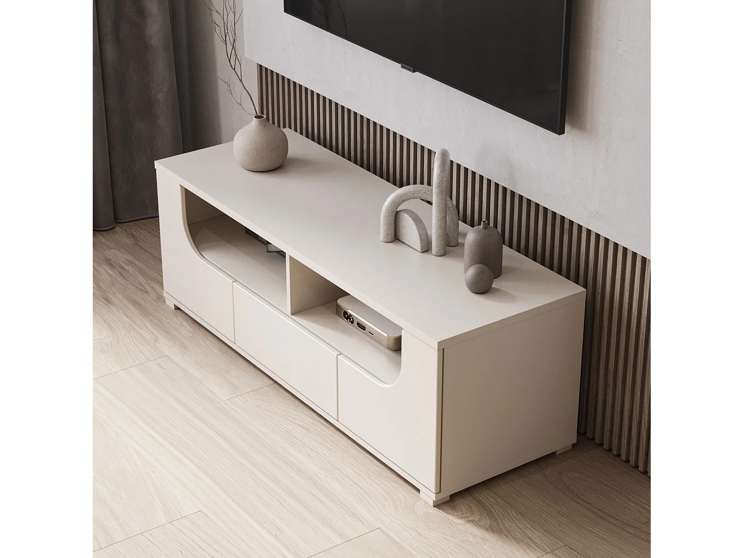 Mobile TV con cassetto e vani aperti – 130 cm – grigio cashmere – VELDIO