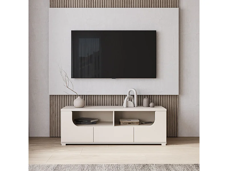 Meuble TV bas avec tiroir et niches ouvertes – gris cachemire – 130 cm – VALLES