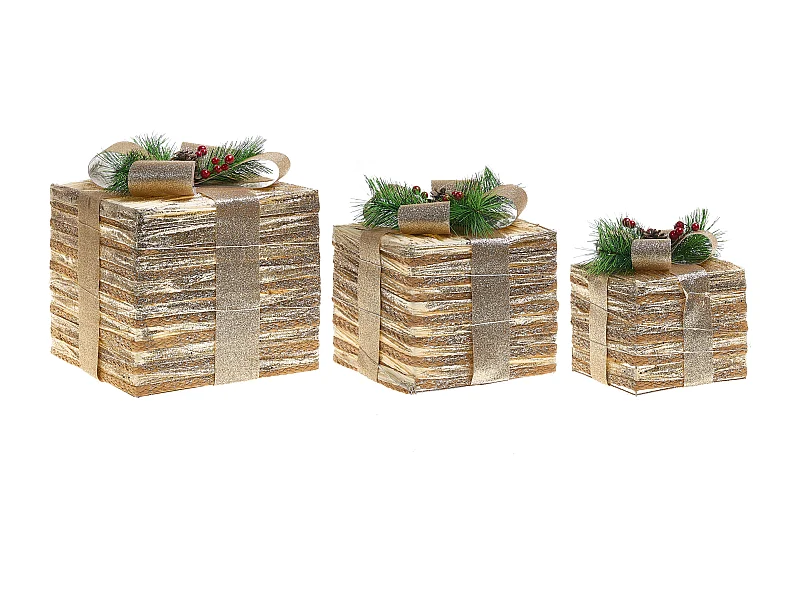 Lot de 3 décorations de Noël LED TOFTE Cadeaux de Noël 20/25/30 cm Doré