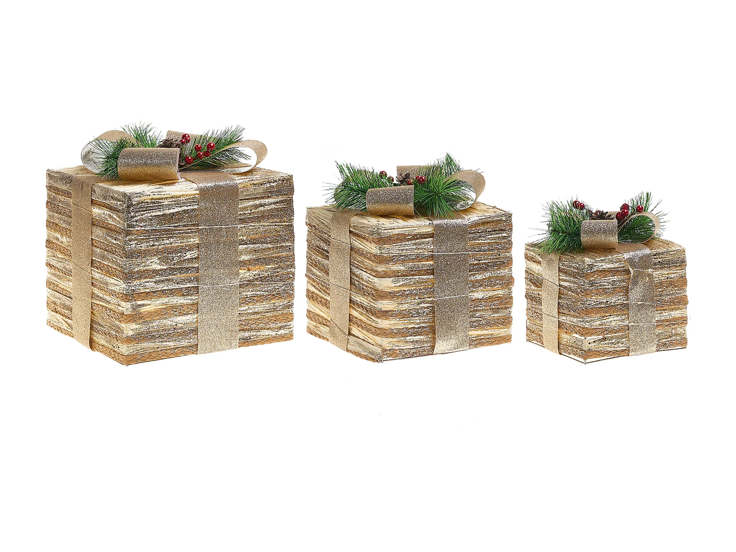 Lot de 3 décorations de Noël LED TOFTE Cadeaux de Noël 20/25/30 cm Doré